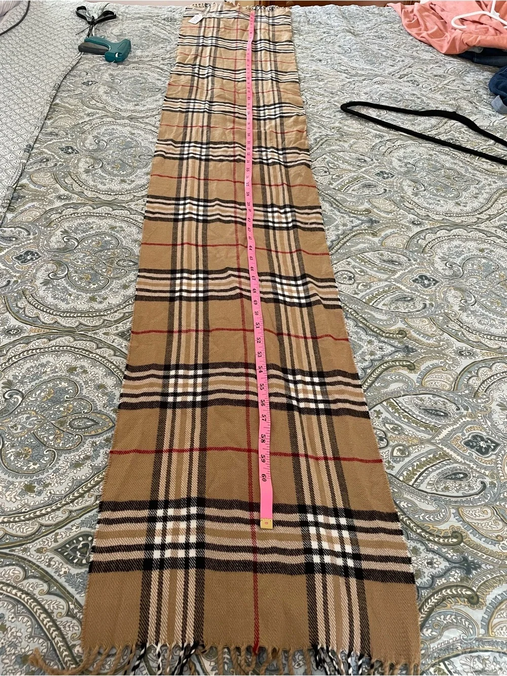 Cashmere Feel Italy Design Camel Plaid Tartan Fringe Scarf Wrap 60x12 🧣Italian